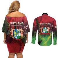 Suriname Independence Day Couples Matching Off Shoulder Short Dress and Long Sleeve Button Shirt Wan Switi Srefidensi Dey - Wonder Print Shop