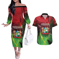 Suriname Independence Day Couples Matching Off The Shoulder Long Sleeve Dress and Hawaiian Shirt Wan Switi Srefidensi Dey - Wonder Print Shop