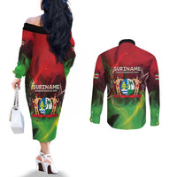 Suriname Independence Day Couples Matching Off The Shoulder Long Sleeve Dress and Long Sleeve Button Shirt Wan Switi Srefidensi Dey - Wonder Print Shop