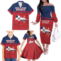 Personalized Dominican Republic Family Matching Off The Shoulder Long Sleeve Dress and Hawaiian Shirt Dominicana Flag Map