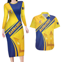 Barbados Gold Trident Couples Matching Long Sleeve Bodycon Dress and Hawaiian Shirt With Coat Of Arms