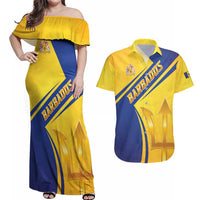 Barbados Gold Trident Couples Matching Off Shoulder Maxi Dress and Hawaiian Shirt With Coat Of Arms