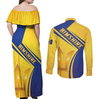 Barbados Gold Trident Couples Matching Off Shoulder Maxi Dress and Long Sleeve Button Shirt With Coat Of Arms