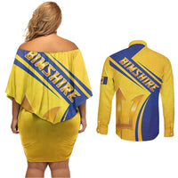 Barbados Gold Trident Couples Matching Off Shoulder Short Dress and Long Sleeve Button Shirt With Coat Of Arms