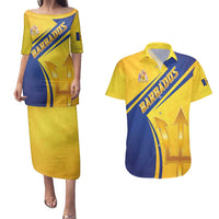 Barbados Gold Trident Couples Matching Puletasi and Hawaiian Shirt With Coat Of Arms