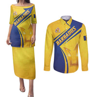 Barbados Gold Trident Couples Matching Puletasi and Long Sleeve Button Shirt With Coat Of Arms