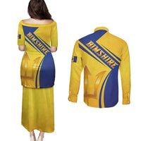 Barbados Gold Trident Couples Matching Puletasi and Long Sleeve Button Shirt With Coat Of Arms