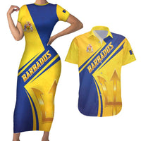 Barbados Gold Trident Couples Matching Short Sleeve Bodycon Dress and Hawaiian Shirt With Coat Of Arms