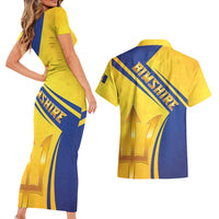 Barbados Gold Trident Couples Matching Short Sleeve Bodycon Dress and Hawaiian Shirt With Coat Of Arms