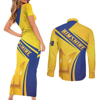 Barbados Gold Trident Couples Matching Short Sleeve Bodycon Dress and Long Sleeve Button Shirt With Coat Of Arms