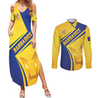 Barbados Gold Trident Couples Matching Summer Maxi Dress and Long Sleeve Button Shirt With Coat Of Arms