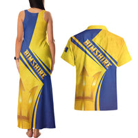 Barbados Gold Trident Couples Matching Tank Maxi Dress and Hawaiian Shirt With Coat Of Arms