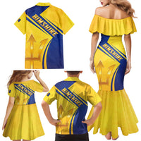 Barbados Gold Trident Family Matching Mermaid Dress and Hawaiian Shirt With Coat Of Arms