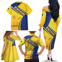 Barbados Gold Trident Family Matching Off The Shoulder Long Sleeve Dress and Hawaiian Shirt With Coat Of Arms