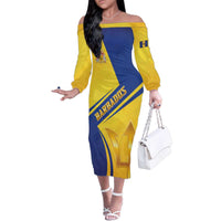 Barbados Gold Trident Family Matching Off The Shoulder Long Sleeve Dress and Hawaiian Shirt With Coat Of Arms