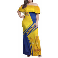 Barbados Gold Trident Family Matching Off Shoulder Maxi Dress and Hawaiian Shirt With Coat Of Arms