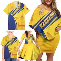 Barbados Gold Trident Family Matching Off Shoulder Short Dress and Hawaiian Shirt With Coat Of Arms