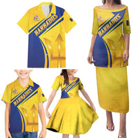 Barbados Gold Trident Family Matching Puletasi and Hawaiian Shirt With Coat Of Arms