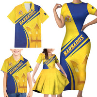 Barbados Gold Trident Family Matching Short Sleeve Bodycon Dress and Hawaiian Shirt With Coat Of Arms