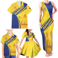 Barbados Gold Trident Family Matching Tank Maxi Dress and Hawaiian Shirt With Coat Of Arms