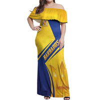 Barbados Gold Trident Off Shoulder Maxi Dress With Coat Of Arms