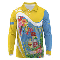 Aruba Long Sleeve Polo Shirt Coat Of Arms With Tropical Flowers