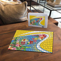 Aruba Puzzle Coat Of Arms With Tropical Flowers