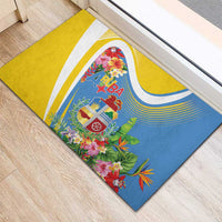 Aruba Rubber Doormat Coat Of Arms With Tropical Flowers