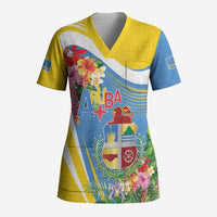 Aruba Scrub Top Coat Of Arms With Tropical Flowers
