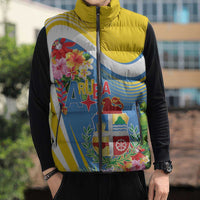 Aruba Sleeveless Puffer Jacket Coat Of Arms With Tropical Flowers