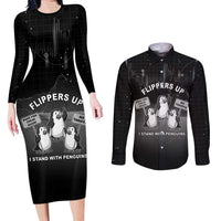 Funny Penguin Resist Couples Matching Long Sleeve Bodycon Dress and Long Sleeve Button Shirt Flippers Up I Stand With Penguins