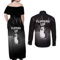 Funny Penguin Resist Couples Matching Off Shoulder Maxi Dress and Long Sleeve Button Shirt Flippers Up I Stand With Penguins