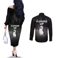 Funny Penguin Resist Couples Matching Off The Shoulder Long Sleeve Dress and Long Sleeve Button Shirt Flippers Up I Stand With Penguins