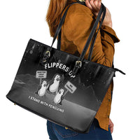 Funny Penguin Resist Leather Tote Bag Flippers Up I Stand With Penguins
