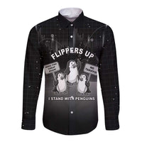 Funny Penguin Resist Long Sleeve Button Shirt Flippers Up I Stand With Penguins