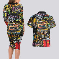 Raised On Hip Hop Couples Matching Long Sleeve Bodycon Dress and Hawaiian Shirt Graffiti Art Style - Wonder Print Shop