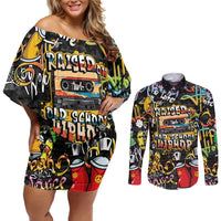 Raised On Hip Hop Couples Matching Off Shoulder Short Dress and Long Sleeve Button Shirt Graffiti Art Style - Wonder Print Shop