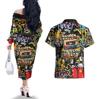 Raised On Hip Hop Couples Matching Off The Shoulder Long Sleeve Dress and Hawaiian Shirt Graffiti Art Style - Wonder Print Shop