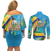 Saint Vincent And The Grenadines Couples Matching Off Shoulder Short Dress and Long Sleeve Button Shirt 46 Years Of Independence - Wonder Print Shop
