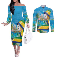 Saint Vincent And The Grenadines Couples Matching Off The Shoulder Long Sleeve Dress and Long Sleeve Button Shirt 46 Years Of Independence - Wonder Print Shop