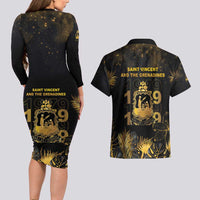 Saint Vincent And The Grenadines 1979 Couples Matching Long Sleeve Bodycon Dress and Hawaiian Shirt Gold Tropical Leaves And Coat Of Arms - Wonder Print Shop