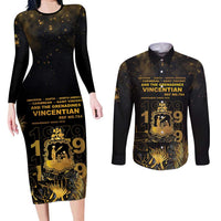 Saint Vincent And The Grenadines 1979 Couples Matching Long Sleeve Bodycon Dress and Long Sleeve Button Shirt Gold Tropical Leaves And Coat Of Arms - Wonder Print Shop