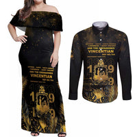 Saint Vincent And The Grenadines 1979 Couples Matching Off Shoulder Maxi Dress and Long Sleeve Button Shirt Gold Tropical Leaves And Coat Of Arms - Wonder Print Shop