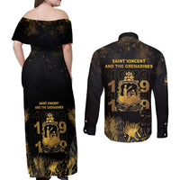 Saint Vincent And The Grenadines 1979 Couples Matching Off Shoulder Maxi Dress and Long Sleeve Button Shirt Gold Tropical Leaves And Coat Of Arms - Wonder Print Shop