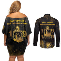 Saint Vincent And The Grenadines 1979 Couples Matching Off Shoulder Short Dress and Long Sleeve Button Shirt Gold Tropical Leaves And Coat Of Arms - Wonder Print Shop