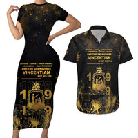 Saint Vincent And The Grenadines 1979 Couples Matching Short Sleeve Bodycon Dress and Hawaiian Shirt Gold Tropical Leaves And Coat Of Arms - Wonder Print Shop