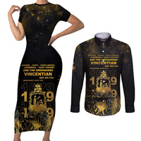 Saint Vincent And The Grenadines 1979 Couples Matching Short Sleeve Bodycon Dress and Long Sleeve Button Shirt Gold Tropical Leaves And Coat Of Arms - Wonder Print Shop