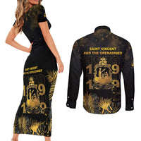 Saint Vincent And The Grenadines 1979 Couples Matching Short Sleeve Bodycon Dress and Long Sleeve Button Shirt Gold Tropical Leaves And Coat Of Arms - Wonder Print Shop