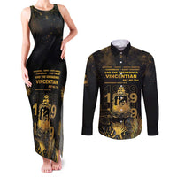 Saint Vincent And The Grenadines 1979 Couples Matching Tank Maxi Dress and Long Sleeve Button Shirt Gold Tropical Leaves And Coat Of Arms - Wonder Print Shop