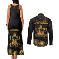 Saint Vincent And The Grenadines 1979 Couples Matching Tank Maxi Dress and Long Sleeve Button Shirt Gold Tropical Leaves And Coat Of Arms - Wonder Print Shop